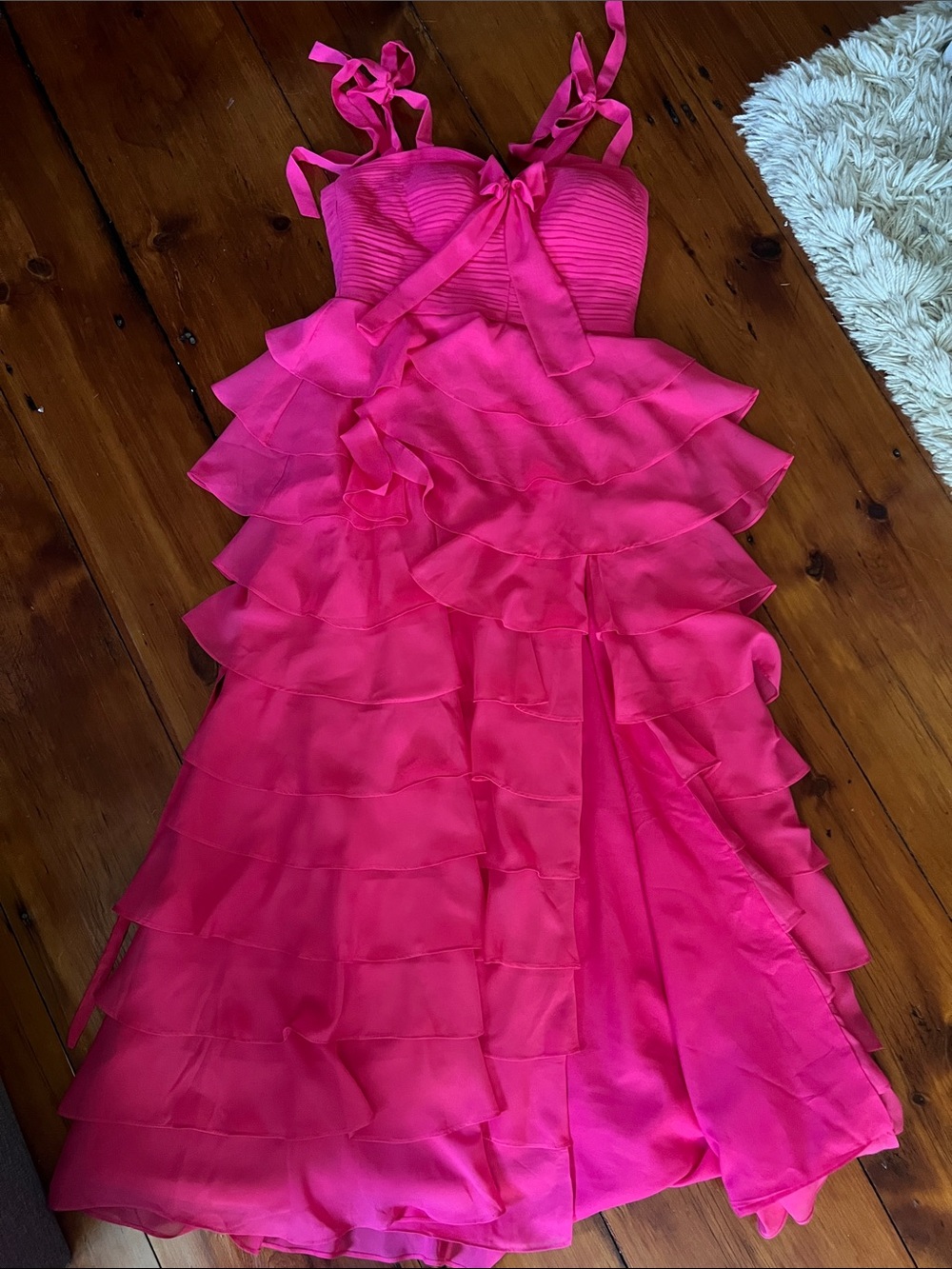 Women's Pink Tiered Ruffle Gown - Tie-Strap - Corset back. Left slit leg.